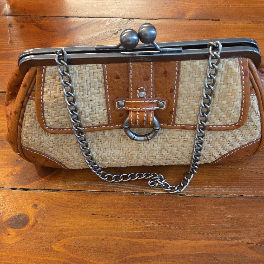 Tommy Bahama Tan and Brown Woven Clutch with Chain